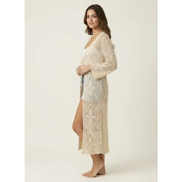 Vintage 90s Crochet Tie Front Duster Cardigan| Boho Coastal Cowgirl Cottagecore - Picture 7 of 16